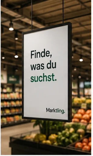 Hängeschild im Markt: Finde, was du suchst — Marktling
