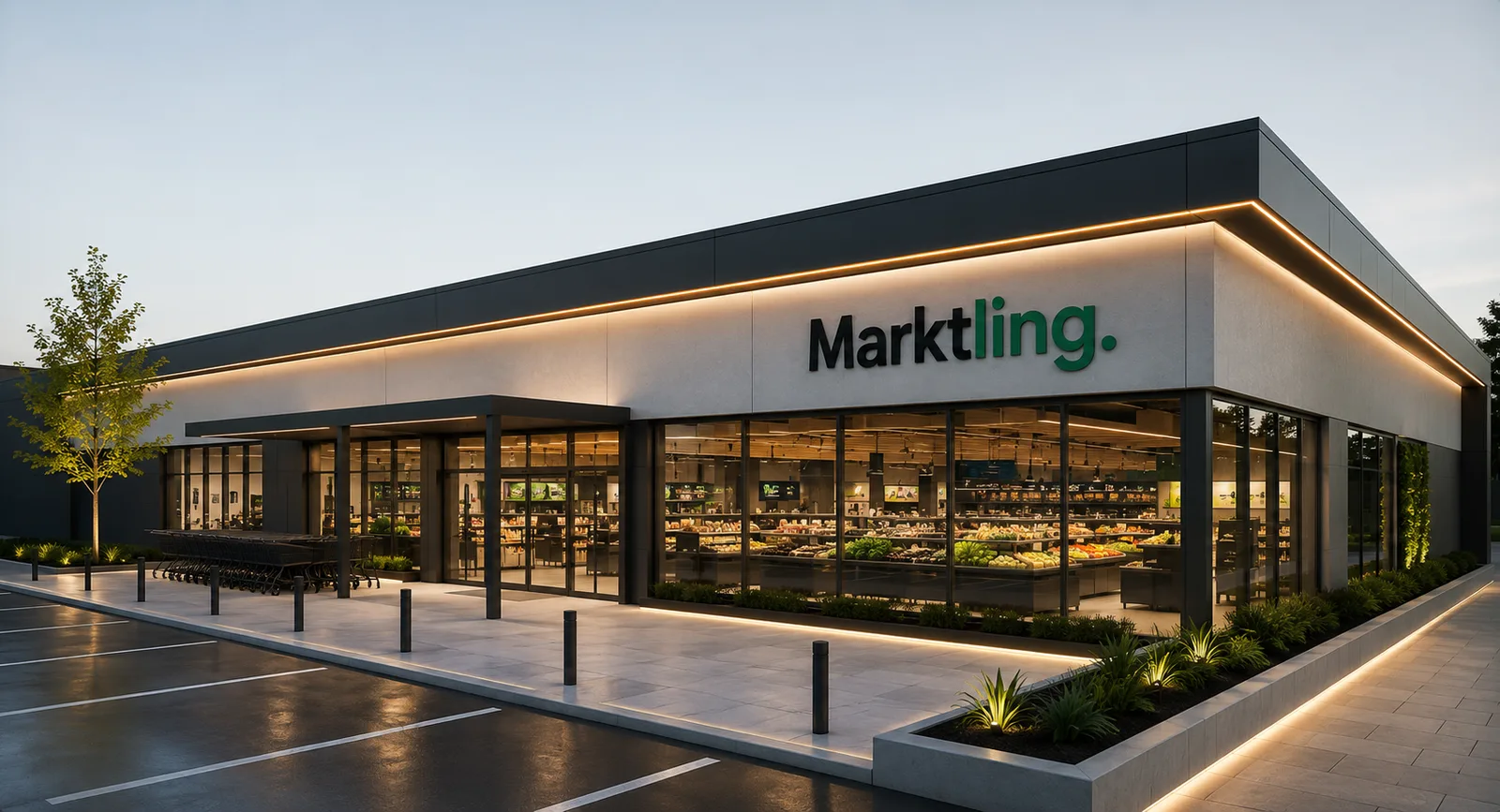 Ein moderner Supermarkt am Abend: warm beleuchtete Glasfront mit Frischeabteilung und Marktling-Schriftzug